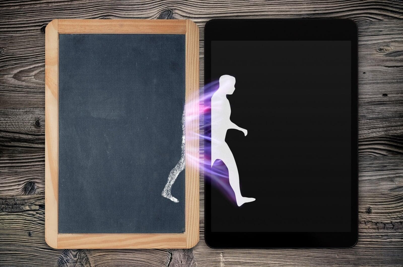 Digital Transformation - image of chalk drawn man walking to ipad screen